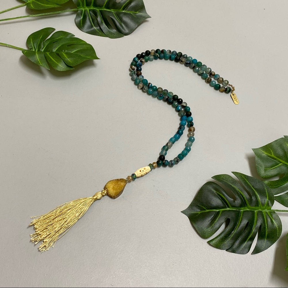 Genuine Blue Stone Bead Tassel Necklace NWT